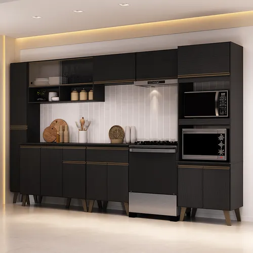 Armário de Cozinha Completa Atlanta Avenue com Vidro Carraro Preto Touch