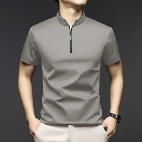Camiseta masculina de manga curta com gola alta e meio zíper, corte slim, tecido macio, casual, para negócios, básica, para uso diário, pulôver.