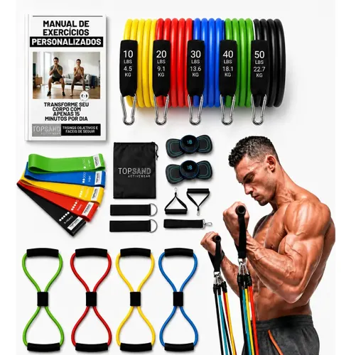 Kit 20 Itens Esportivos para Treino em Casa Academia Fitness Funcional com Elásticos Extensor Puxadores Massageador Faixas Elásticas Mini Band P/ Exercícios Ginástica Fisioterapia Topsand Activewear