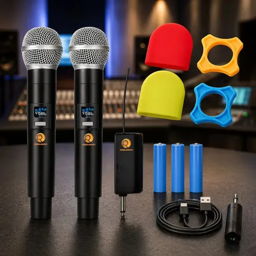 Kit 2 Microfones sem Fio Dinâmico Duplo Recarregável Profissional Uhf Led Karaokê Palestras Shows Igrejas Apresentações Bar Cancelamento de Ruído Anti-larsen Bateria Cardioide Palco Reuniões Risemberg