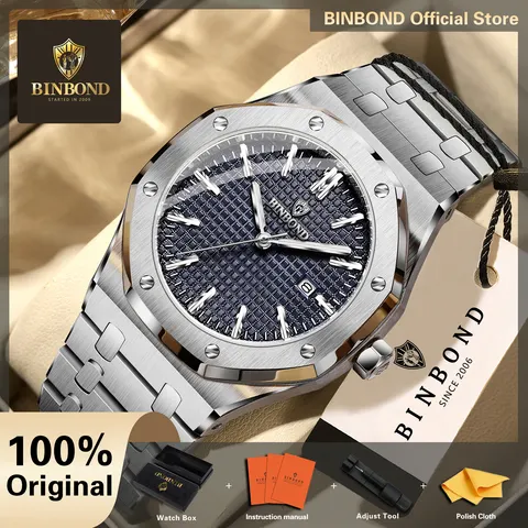 Relógios de pulso de quartzo em aço inoxidável BINBOND para homem, modelo de luxo com ponteiros luminosos e à prova de água, relógio masculino original + caixa de presente.