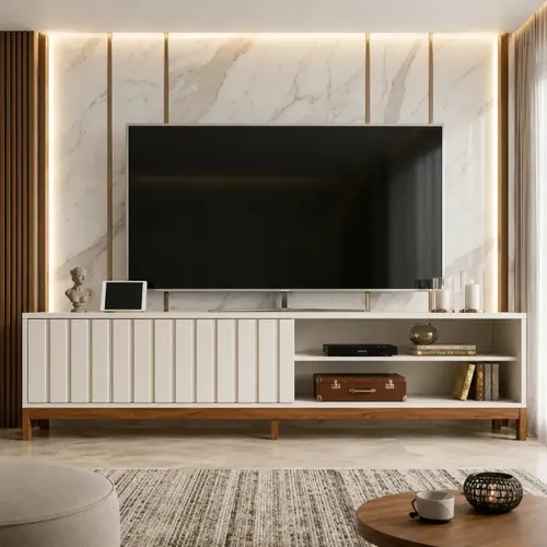 Rack Bancada para Tv Até 75 Aurora 1.8 Mobler 1 Porta com Pés Design Sala Moderna Cor Pérola Metalizado/cinamomo Mel