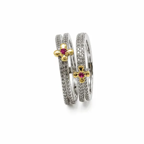 Anel Aparador com Flores Pink em Prata 925 e Prata Banhada a Ouro