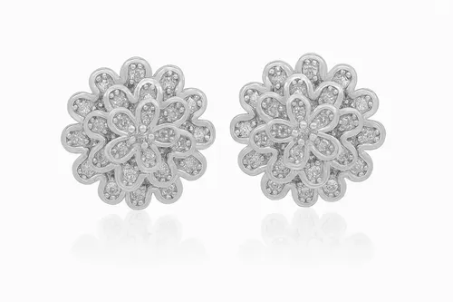 Brinco Flor em Prata de Lei com Zircônias em 3 Camadas