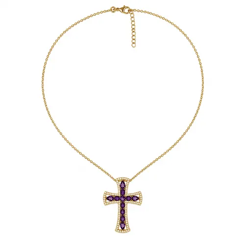 Colar Elos Portugueses 45 cm com Pingente Cruz em Ametista 35 mm Cravejada com Zircônias em Prata de Lei Banhado a Ouro