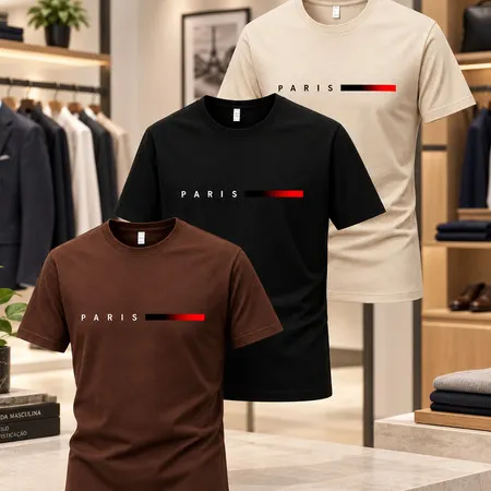 Kit 3 Camisetas Masculinas Paris Estampada 100% Algodão Streetwear Casual