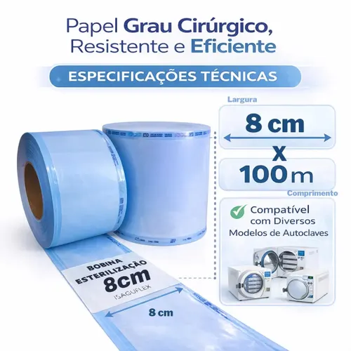 Bobina de Esterilização para Autoclave 8cm X 100 Metros Papel Grau Cirúrgico Esterilização Autoclave Manicure Alicate Cutícula