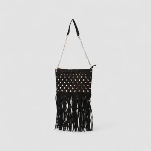 Bolsa de Ombro Gabriela Pequena Detalhe Franjas & Esferas Preta