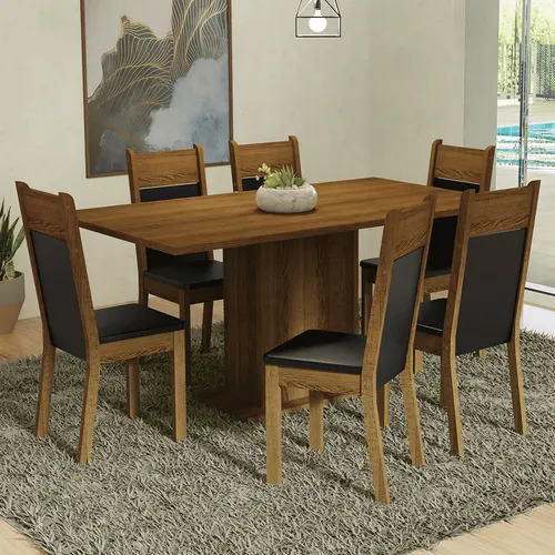 Conjunto Sala de Jantar Mesa Tampo de Madeira 6 Cadeiras Rustic/Preto Augusta Madesa