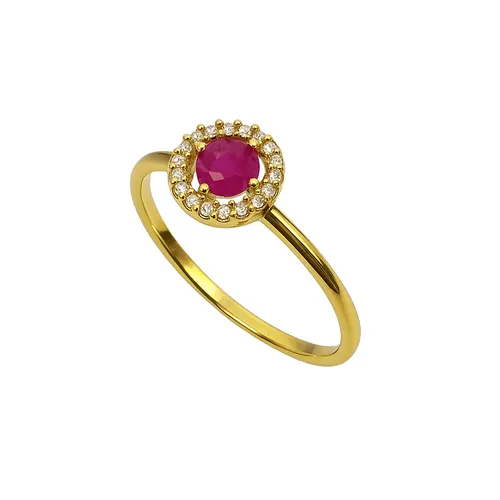 Anel Redondo Princesa com Rubi e 18 Diamantes em Ouro 18k