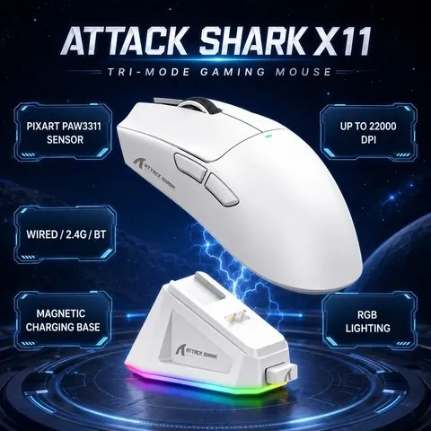 Mouse Gamer Leve Tri-Mode ATTACK SHARK X11, PAW3311, 22000DPI, 400IPS, 40G, Taxa de Retorno de 1K, 59±3g