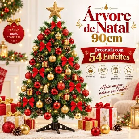 Árvore de Natal 90cm Decorada Completa 54 Enfeites Luzes