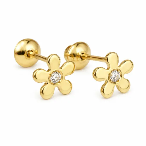 Brinco Flor 5 mm com 2 Zircônias em Ouro 18K