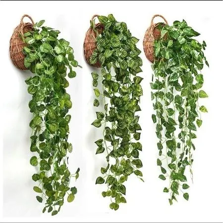 Arranjo com 3 Pendentes Artificial Verde + 1 Vaso de Planta Trançado Marrom Decoração Casa, Casamento