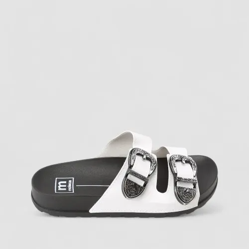 Rasteira Papete Moleca Flat Fivelas Metalizadas Flores Branco
