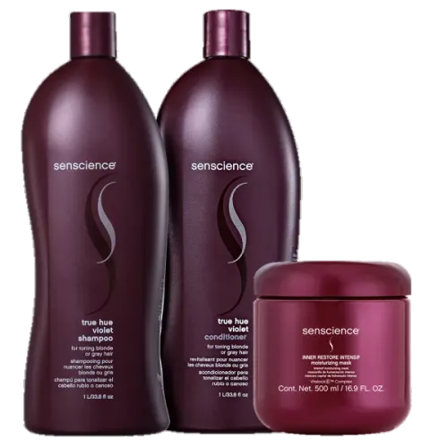 Kit Senscience True Hue Violet e Inner Restore Intensif Shampoo Condicionador 1L Máscara 500ml