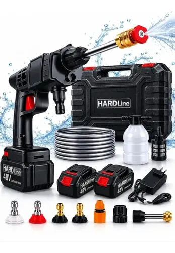 Lava Jato Lavadora Portátil Alta Pressão 2 Baterias 48V Recarregáveis sem Fio com Maleta Lavar Lava Carro Moto Quintal Lavagem Automotiva Elétrica Potente Jardim Calçada Piso Limpeza Compacta Hardline