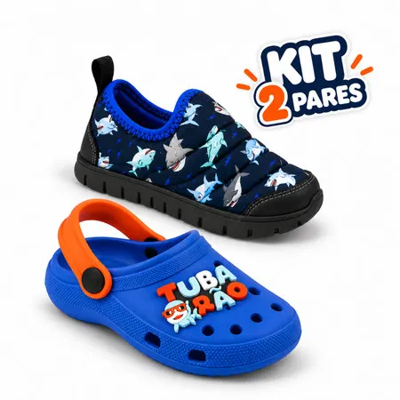Kit 2 Pares Tênis Infantil Masculino Calce Fácil + Babuche Menino Tubarão Confortável