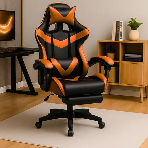 Cadeira de Escritório Gamer Nitro Ergonômica Estofado Couro Sintético Reclinável Altura Ajustável Apoio para Pés Cor Laranja Luvinco