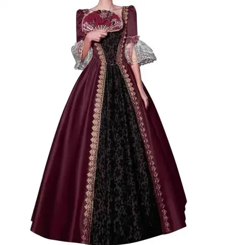Vestido de Baile Medieval Feminino para Halloween, Fantasia Renascentista Vitoriana de Máscara, Vestidos de Performance de Palco de Rainha, Fantasia com Apliques