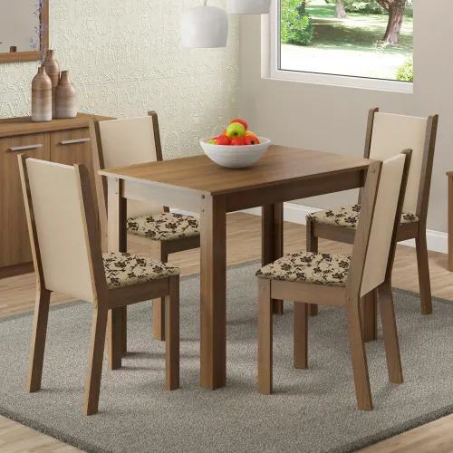 Conjunto Sala de Jantar Madesa Cíntia Mesa Tampo de Madeira com 4 Cadeiras Rustic/Crema/Bege Marrom