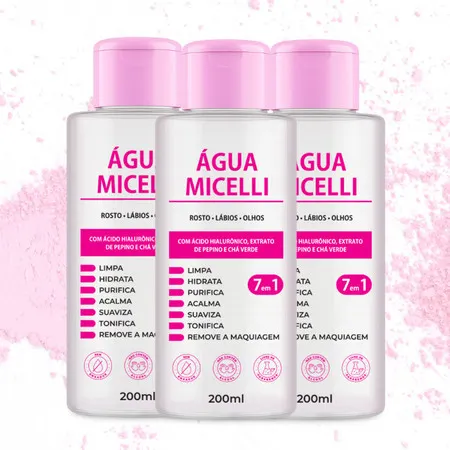 Kit 3x Água micelar com ácido hialurônico 200ml removedor e hidrata