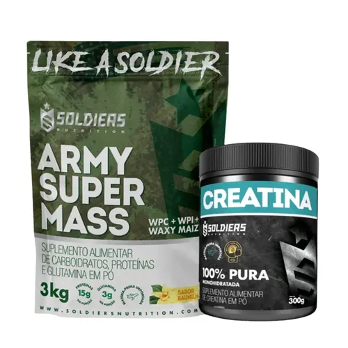 Kit: Hipercalórico Army Super Mass - 3Kg + Creatina Monohidratada Pote 300g - 100% Pura Importada - Soldiers Nutrition