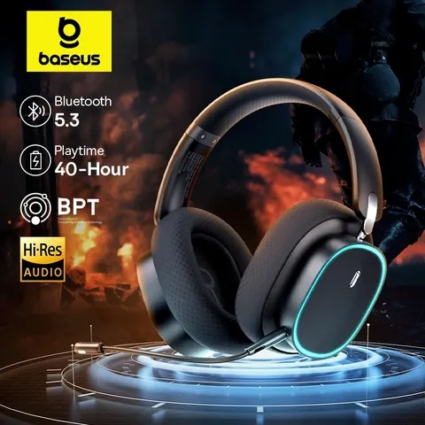 Fone de Ouvido sem Fio Baseus GH02 para Jogos com Microfone, Headphones Over-Ear Bluetooth 5.3, Driver de 40mm, Conexões 2.4G/Sem Fio/Cabo, Headsets RGB