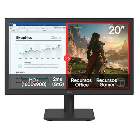 Monitor LG LED Home & Office 20U401A-B Tela 20" HD+, LG Switch, Modo leitura e Flicker Safe, HDMI, VGA, 2ms (GtG), 75Hz, Black Stabilizer, Dynamic Action Sync, Crosshair, saída fone de ouvido - 20U401A-B