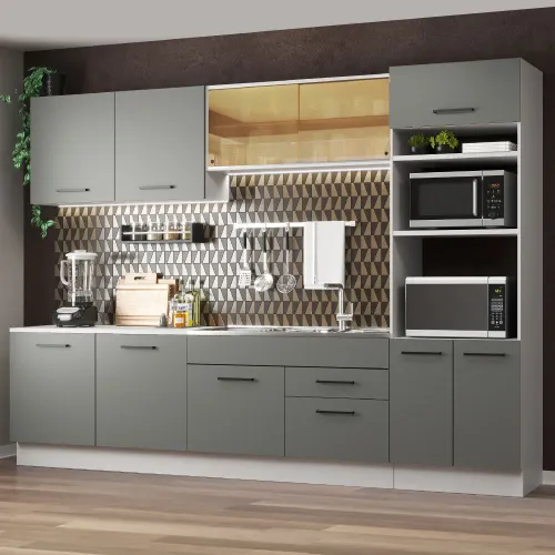 Armário de Cozinha Completa 310cm Branco/Cinza Agata Madesa 01