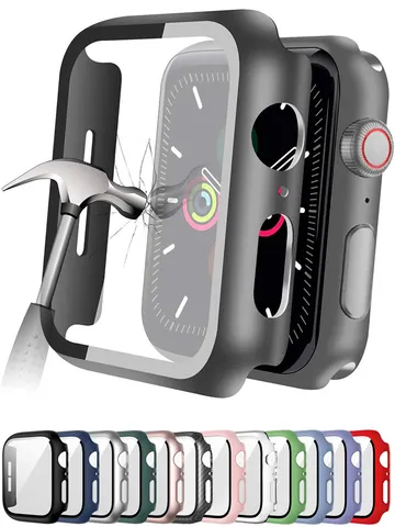Protetor de Tela de Vidro Temperado para Apple Watch, Capa, Caso, Acessórios, 45mm, 41mm, 44mm, 40mm, 42mm, Série 9, 4, 5, 6, SE, 7, 8