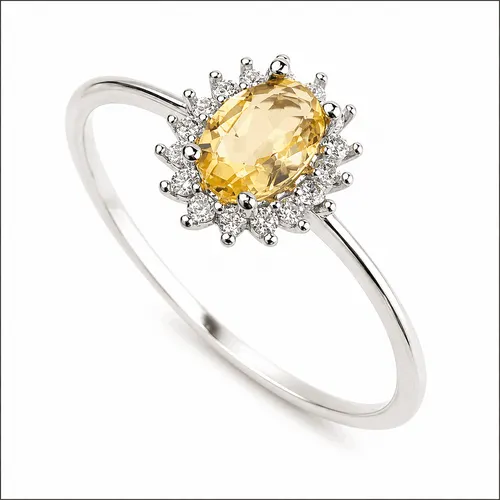 Anel Prata 6 mm Oval Citrino com 16 Zircônias