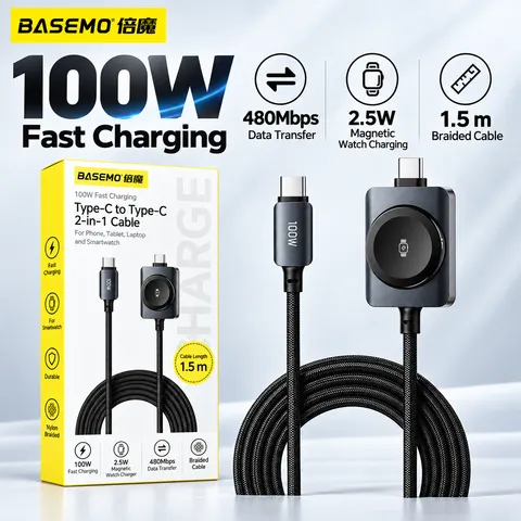 Cabo de Carregamento Rápido Magnético 2 em 1 de 100W para iPhone 17/16/15/14 e Apple Watch, Cabo de Carregador USB-C para USB-C
