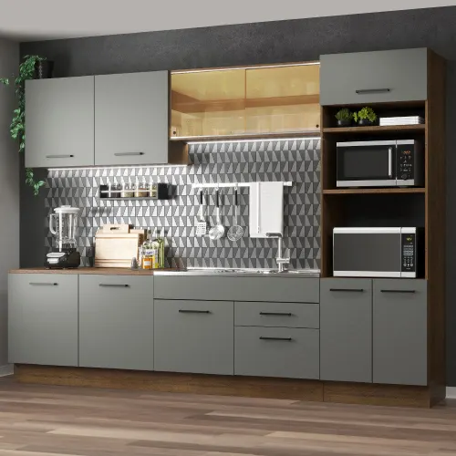 Armário de Cozinha Completa 310cm Rustic/Cinza Agata Madesa 01