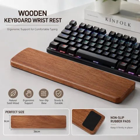 Descanso de Pulso em Madeira Maciça para Teclado Mecânico de 87 Teclas, Apoio Ergonômico de Palma em Madeira com Base Antiderrapante