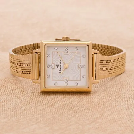 Relógio Feminino Dourado Pequeno Champion Quadrado Original CF24180H