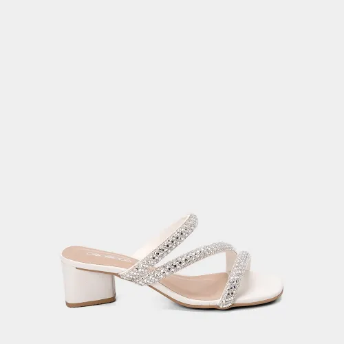 Tamanco Feminino Penélope Salto Geométrico Strass Off White