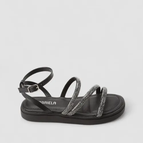 Sandália Feminina Gabriela Flatform Tiras Strass Preto