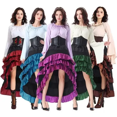 Vestido longo com bainha em folha de lótus, frente curta e costas longas, estilo literário e moderno para o Halloween. Saia Corset Estilo Pirata Traje Medieval