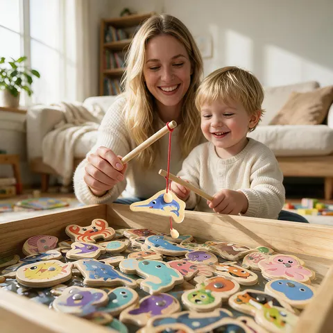 Montessori Brinquedos de Pesca de Madeira para Crianças, Jogos de Peixes de Cognição de Vida Marinha Magnética, Brinquedo Educativo Interativo Pai-Filho