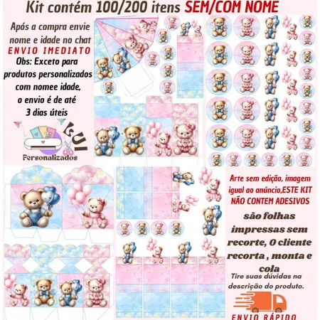 KIT COM 200/100  ITENS LEMBRANCINHAS S/COM NOME TEMA: CHÁ DE BEBE AZUL e ROSA(Envio Rápido)