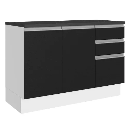 Balcão Cozinha 100% MDF 120 cm 3 Portas e 2 Gavetas Branco/Preto Acordes Madesa