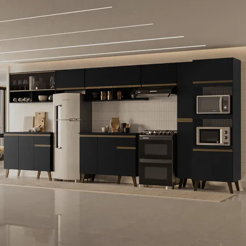 Armário de Cozinha Completa Atlanta Square com Vidro Carraro Preto Touch