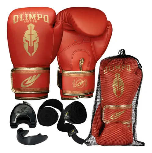 Luva de Boxe Muay Thai + Bandagem + Bucal + Case Kickboxing Cor Vermelho / Dourado Tamanho 10oz