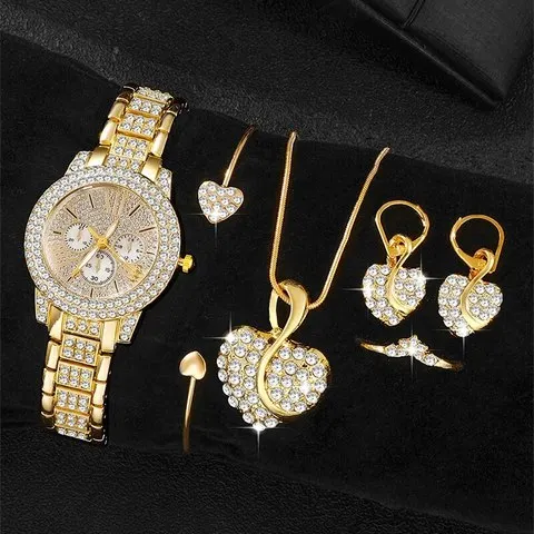 Mulheres Relógio de pulso strass e conjunto de joias, Relógio Quartzo, Dourado, Luxo, Anel, Colar, Brinco, Casual, senhoras, Fashion