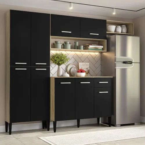 Armário de Cozinha Compacta c/ Balcão Arizona Glam Carraro Carvalho com Preto