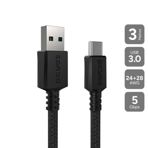Cabo PCYES USB-A para USB-C 3.0 5Gbps Nylon Preto 3 Metros CBPY003P