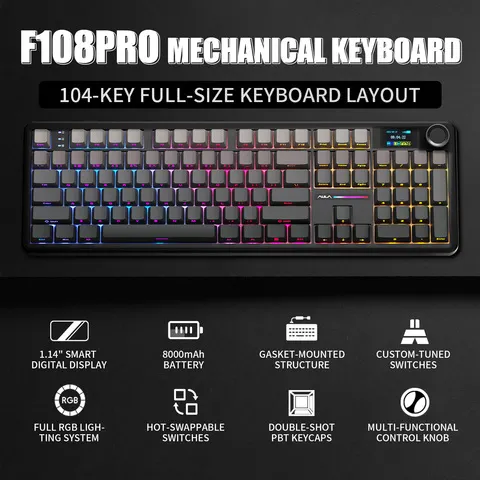 Teclado Mecânico AULA F108 PRO Personalizado com Layout 100% RGB Retroiluminado sem Fio Bluetooth Hifi Switch para Jogos