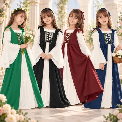 Vestido medieval renascentista para o Halloween, com decote quadrado, espartilho com cordões, estilo vintage, fantasia de princesa, vestido longo para carnaval, cosplay e festas.