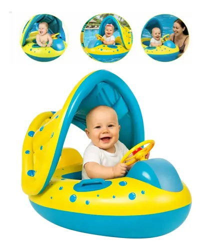 Boia Bote Bebê Infantil Inflável Piscina com Cobertura de Proteção UV Cor Azul/amarelo Indue Variedades